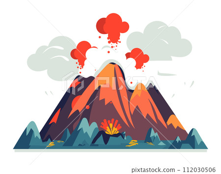 Erupting volcano smoke lava flow nature. Dynamic eruption scene vibrant colors. Natural disaster geology concept vector illustration Erupting volcano smoke lava flow nature. Dynamic eruption scene vibrant colors. Natural disaster geology concept vector illustration 112030506