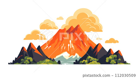 Erupting volcano lava flow, scenic landscape mountains clouds. Nature disaster, volcanic eruption magma vector illustration Erupting volcano lava flow, scenic landscape mountains clouds. Nature disaster, volcanic eruption magma vector illustration 112030509