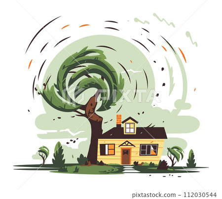 Tornado approaching house swirling winds debris. Nature disaster illustration twister near home. Catastrophe extreme weather vector illustration Tornado approaching house swirling winds debris. Nature disaster illustration twister near home. Catastrophe extreme weather vector illustration 112030544