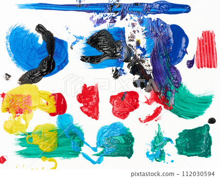 Brush strokes, drops of multi-colored oil paint on a white background 112030594