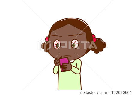 (Upper body diagonal) African girl looking at the smartphone screen and seriously investigating (Upper body diagonal) African girl looking at the smartphone screen and seriously investigating 112030604