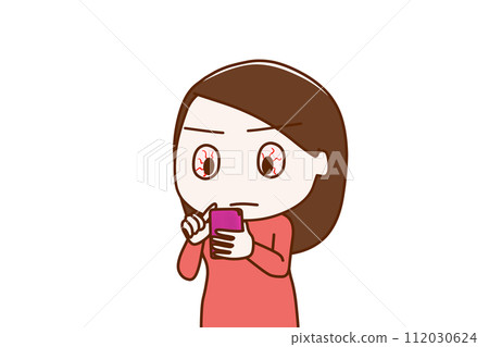 (上半身對角線)一位女士看著她的智慧型手機螢幕,認真調查此事。 (上半身對角線)一位女士看著她的智慧型手機螢幕,認真調查此事。 112030624