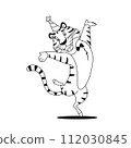 Coloring page. Funny cartoon dancing tiger on white background. Jumping cute animal character in party hat for kids preschool activity. Black white outline sketch. Coloring book illustration. 112030845