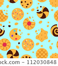 Cookies seamless pattern on blue background. Snack food repeat tile design. Tasty baked broken biscuits with crumb missing bite wallpaper. Crispy treat. Wrapping paper creative illustration. 112030848