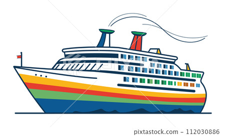 Colorful cruise ship sea smokestacks. Ocean liner floating water, profile view. Maritime travel vacation concept vector illustration 112030886