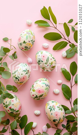 AI-generated content. Springtime elegance: floral-patterned easter eggs on pastel background 112031027