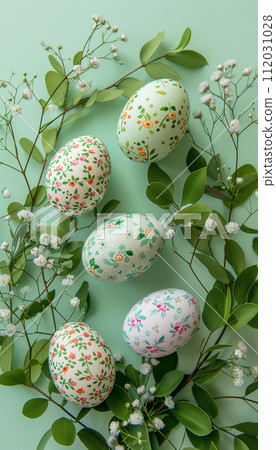 AI-generated content. Springtime elegance: floral-patterned easter eggs on pastel background 112031028