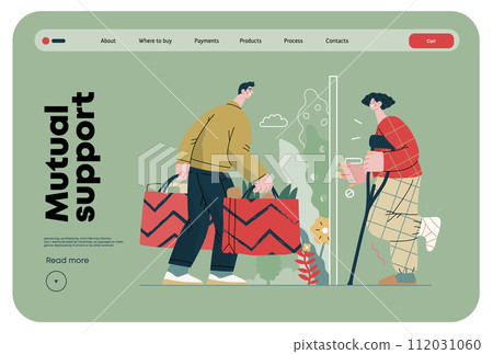 Mutual Support Buying groceries for ill neighbor -modern flat vector concept illustration of man carrying shopping bags for woman on crutches Metaphor of voluntary, collaborative exchanges of services 112031060