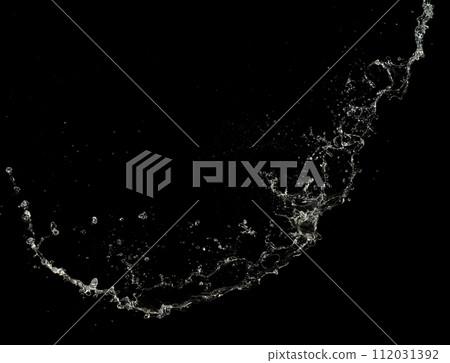 Shape form throw of Water splashes into drop water attack fluttering in air and stop motion freeze shot. Splash Water for explosion texture graphic resource elements, black background isolated 112031392