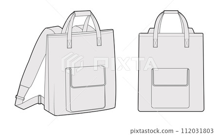 Convertible backpack silhouette tote bag with pocket. Fashion accessory technical illustration. Vector schoolbag front 112031803