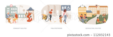 Public places isolated concept vector illustration set. Community facilities, public restrooms, sociocultural infrastructure, cleaning and hygiene, health centre, school building vector concept. 112032143