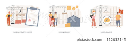 Construction permit isolated concept vector illustration set. Building industry license, government grant and subsidy, illegal construction, home financing, new house, demolition vector concept. Construction permit isolated concept vector illustration set. Building industry license, government grant and subsidy, illegal construction, home financing, new house, demolition vector concept. 112032145