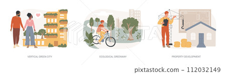 Architecture innovation isolated concept vector illustration set. Vertical green city, ecological greenway, property development, cost-effective construction, landscape planning vector concept. 112032149