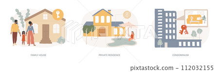 Real estate market isolated concept vector illustration set. Family house, private residence, condominium, mortgage loan, down payment, land ownership, detached home, backyard vector concept. Real estate market isolated concept vector illustration set. Family house, private residence, condominium, mortgage loan, down payment, land ownership, detached home, backyard vector concept. 112032155