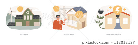 Environmentally friendly construction isolated concept vector illustration set. Eco house, passive and energy-plus building, waste recycling, heating efficiency, sustainable home vector concept. Environmentally friendly construction isolated concept vector illustration set. Eco house, passive and energy-plus building, waste recycling, heating efficiency, sustainable home vector concept. 112032157