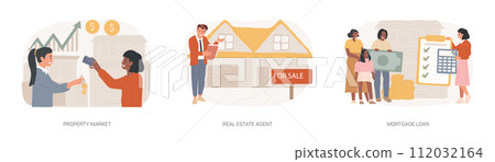 Buying property isolated concept vector illustration set. Property market, real estate agent, mortgage loan, new appartment, property investment, bank credit, down payment, pay off vector concept. Buying property isolated concept vector illustration set. Property market, real estate agent, mortgage loan, new appartment, property investment, bank credit, down payment, pay off vector concept. 112032164
