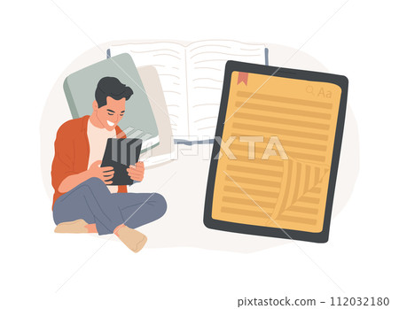 E-book isolated concept vector illustration. Searchable digital library, education reading online, easy access knowledge, elearning, electronic book, web archive, tablet device vector concept. 112032180