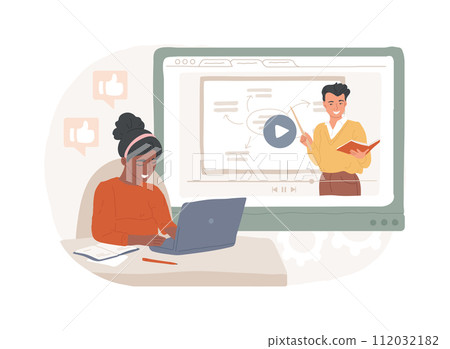 Video tutorial isolated concept vector illustration. Web education, video blog, online courses training, elearning tutorial, blogger influencer, recording watching webinar vector concept. Video tutorial isolated concept vector illustration. Web education, video blog, online courses training, elearning tutorial, blogger influencer, recording watching webinar vector concept. 112032182