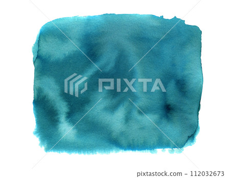 Artistic wavy textured hand painted aquamarine watercolor geometric shape. Abstract marine blue green watercolour stain for banner design, texture, abstract deep water or sky concept 112032673