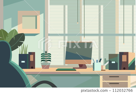 Flat Vector Design of Workspace Landscape in the Office with Monitor on a Desk Flat Vector Design of Workspace Landscape in the Office with Monitor on a Desk 112032766