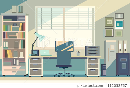 Flat Vector Design of Workspace Landscape with Bookshelf in the Office 112032767