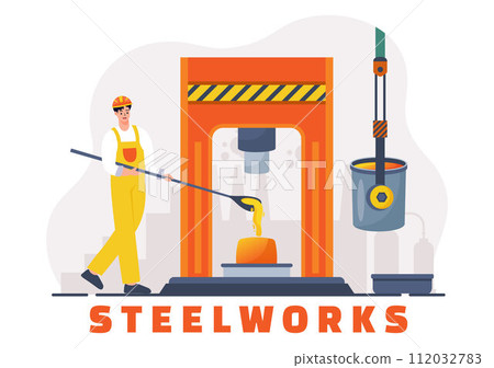 Steelworks Vector Illustration with Resource Mining, Smelting of Metal in Big Foundry and Hot Steel Pouring in Flat Cartoon Background Design 112032783