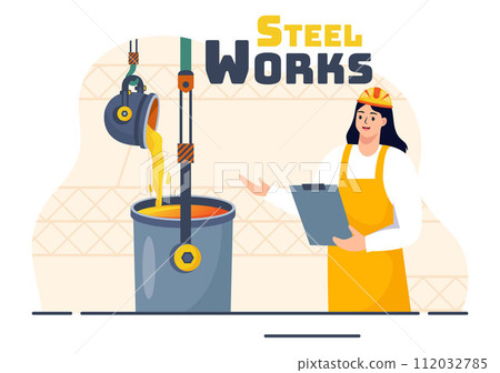 Steelworks Vector Illustration with Resource Mining, Smelting of Metal in Big Foundry and Hot Steel Pouring in Flat Cartoon Background Design 112032785