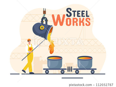 Steelworks Vector Illustration with Resource Mining, Smelting of Metal in Big Foundry and Hot Steel Pouring in Flat Cartoon Background Design Steelworks Vector Illustration with Resource Mining, Smelting of Metal in Big Foundry and Hot Steel Pouring in Flat Cartoon Background Design 112032787