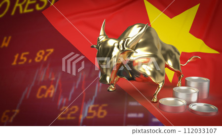 The Gold Bull on Vietnam Flag for Business concept 3d rendering. 112033107