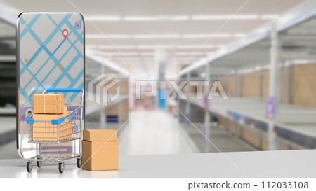 The shopping trolley and mobile phone for online market concept 3d rendering. 112033108