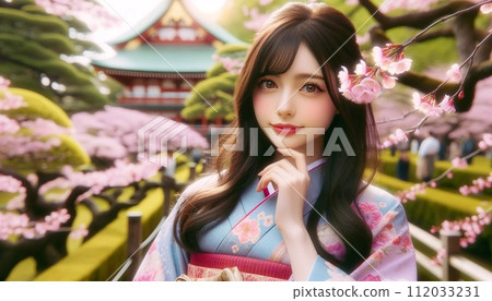A woman in a kimono walking in a Japanese garden A woman in a kimono walking in a Japanese garden 112033231