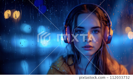 AI-generated content. Young Woman Listening to Music on Headphones at Night in the Rain 112033732