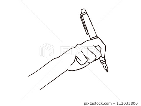 手握鋼筆，手繪風格線條畫插圖 112033800