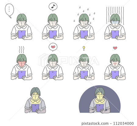 10 sets of illustrations of the upper body of a girl with short green hair holding a tablet and making various expressions 112034000