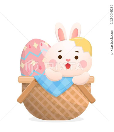 俏皮的兔吉祥物或腳色與復活節彩蛋與柳條籃子,歡樂慶祝,向量插圖 112034023