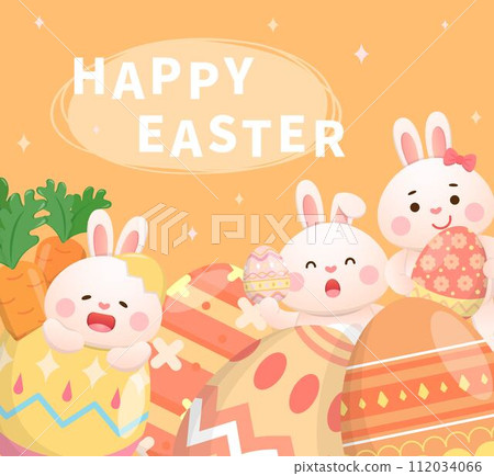 Western Easter elements, playful and cute rabbit and painted eggs, traditional religious activities, vector poster or greeting card 112034066