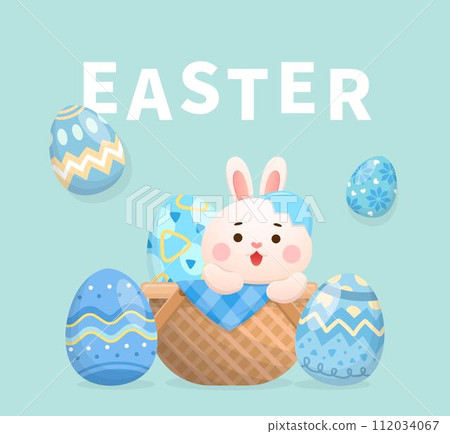 Western Easter elements, playful and cute rabbit and painted eggs, traditional religious activities, vector poster or greeting card 112034067