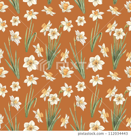 Watercolor pattern on a colored background with yellow beautiful daffodils. Easter holiday illustration hand drawn. Sketch on isolated background for greeting cards, invitations, happy holidays, poste 112034443