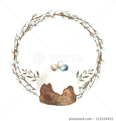 Watercolor Easter wreath made of willow, with Easter cake and eggs. Easter holiday illustration hand drawn. Sketch on isolated background for greeting cards, invitations, happy holidays, posters, grap Watercolor Easter wreath made of willow, with Easter cake and eggs. Easter holiday illustration hand drawn. Sketch on isolated background for greeting cards, invitations, happy holidays, posters, grap 112034452