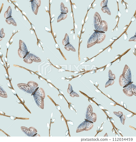 Watercolor Easter pattern on a blue background with willow and butterflies. Easter holiday illustration hand drawn. Sketch on isolated background for greeting cards, invitations, happy holidays, poste 112034459