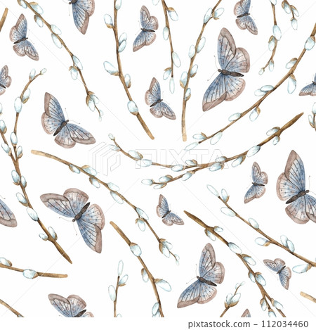 Watercolor Easter pattern on a white background with willow and butterflies. Easter holiday illustration hand drawn. Sketch on isolated background for greeting cards, invitations, happy holidays, post 112034460