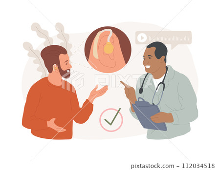 Assistive hearing device isolated concept vector illustration. Hearing assistance equipment, ear device, audiology doctor, assistive technology for deaf people, impaired person vector concept. 112034518