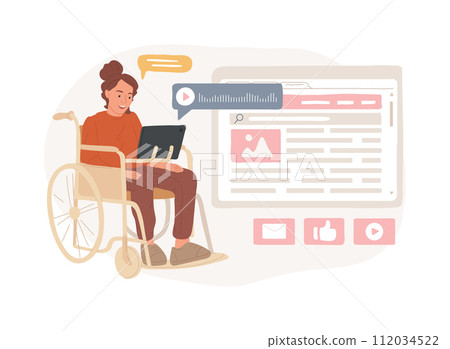 Assistive technology isolated concept vector illustration. Assistive devices for disabled people, adoptive technology, rehabilitation of elderly population, personal daily care vector concept. Assistive technology isolated concept vector illustration. Assistive devices for disabled people, adoptive technology, rehabilitation of elderly population, personal daily care vector concept. 112034522