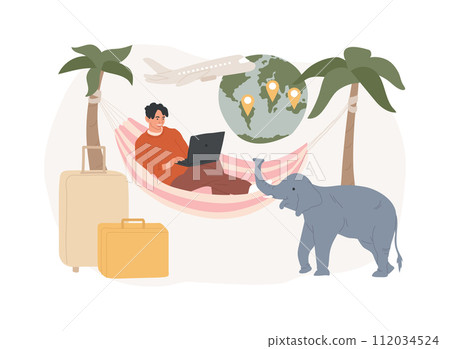 Nomadism isolated concept vector illustration. Without fixed habitation, rural nomad, hunters gatherers pastoral, non-sedentary people, movement, inside tents, riding a horse vector concept. Nomadism isolated concept vector illustration. Without fixed habitation, rural nomad, hunters gatherers pastoral, non-sedentary people, movement, inside tents, riding a horse vector concept. 112034524