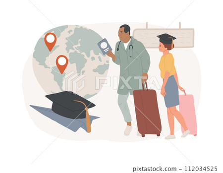 Brain drain isolated concept vector illustration. Emigration of qualified people, trained workers, human capital flight, buisness start up, man with suitcase, leave country vector concept. Brain drain isolated concept vector illustration. Emigration of qualified people, trained workers, human capital flight, buisness start up, man with suitcase, leave country vector concept. 112034525