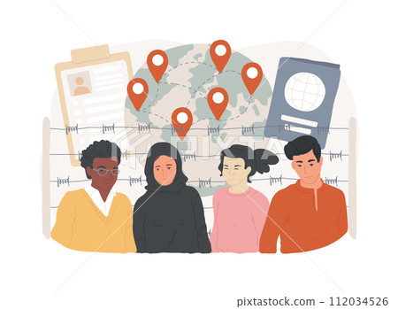 International migration isolated concept vector illustration. International migrants, border control, movement of people, leaving a country, application form, travel with bag vector concept. 112034526