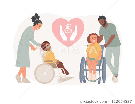 Care of the disabled isolated concept vector illustration. Disability care, downs syndrome, senior on wheelchair, help for old people, professional home nursing services vector concept. Care of the disabled isolated concept vector illustration. Disability care, downs syndrome, senior on wheelchair, help for old people, professional home nursing services vector concept. 112034527