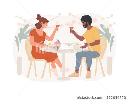Romantic date isolated concept vector illustration. First date, romantic relationship, love story, Valentine day, give flower, couple fine dinning, celebrate dating anniversary vector concept. Romantic date isolated concept vector illustration. First date, romantic relationship, love story, Valentine day, give flower, couple fine dinning, celebrate dating anniversary vector concept. 112034550