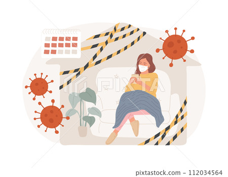 Quarantine isolated concept vector illustration. Self quarantine, isolation during pandemic, seasonal flu, stay at home, infectious disease in a community, influenza spread vector concept. Quarantine isolated concept vector illustration. Self quarantine, isolation during pandemic, seasonal flu, stay at home, infectious disease in a community, influenza spread vector concept. 112034564