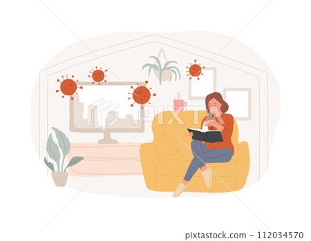 Self isolation isolated concept vector illustration. Coronavirus outbreak worldwide, isolation during pandemic, self quarantine rules, stay safe at home, social distancing vector concept. Self isolation isolated concept vector illustration. Coronavirus outbreak worldwide, isolation during pandemic, self quarantine rules, stay safe at home, social distancing vector concept. 112034570